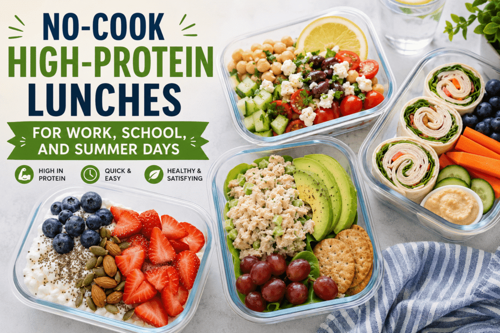 No-cook high-protein lunches with chickpea salad, chicken salad, turkey wraps, cottage cheese, berries, vegetables, and healthy snacks for work, school, and summer days.