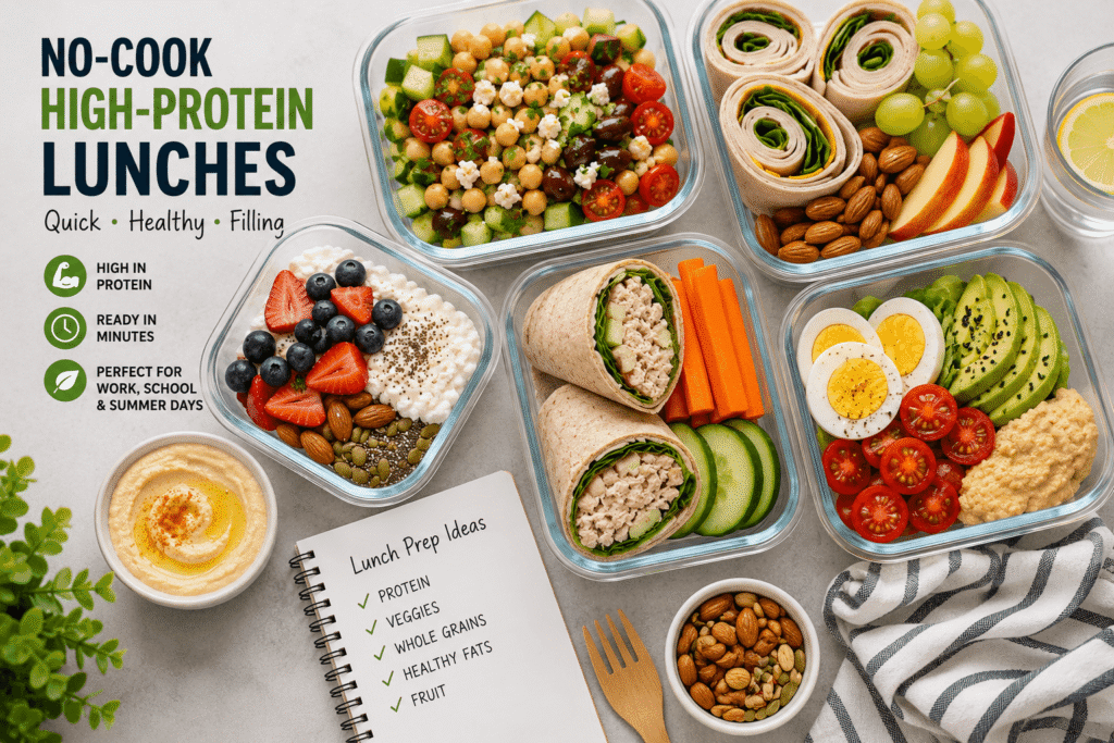 No-cook high-protein lunch ideas with chickpea salad, turkey wraps, cottage cheese, berries, eggs, avocado, hummus, and fresh vegetables.