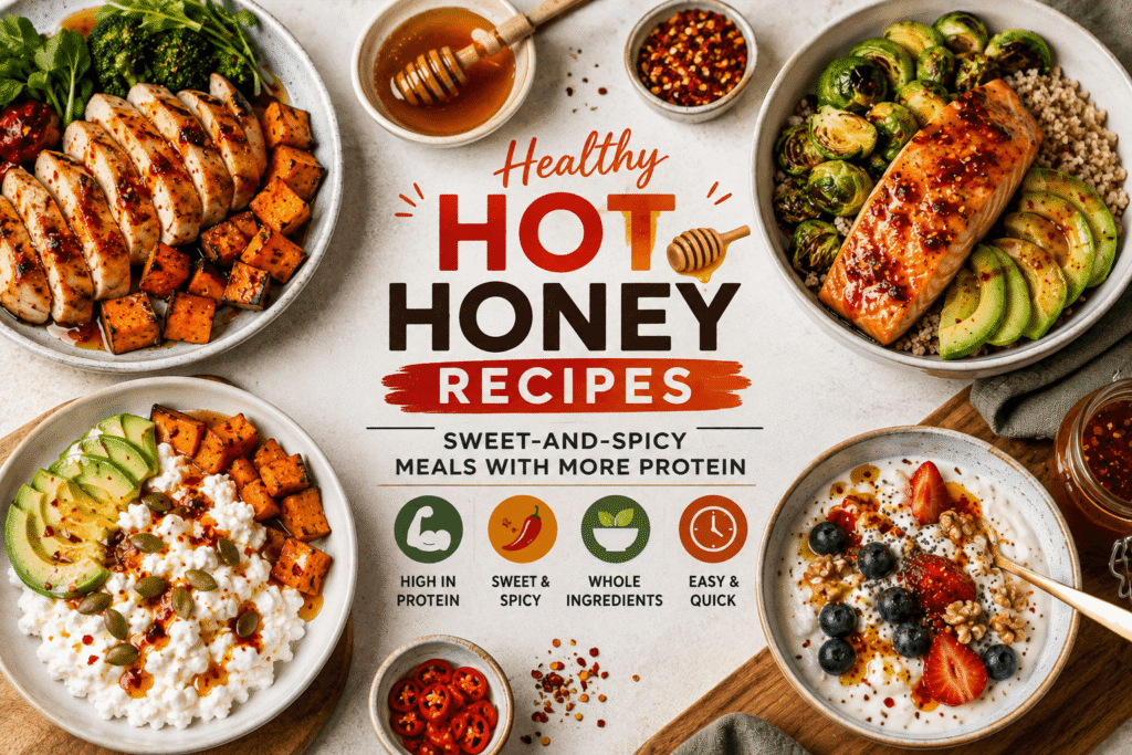 Healthy hot honey recipes featuring high-protein chicken, salmon, cottage cheese, Greek yogurt, vegetables, sweet potatoes, and spicy honey.