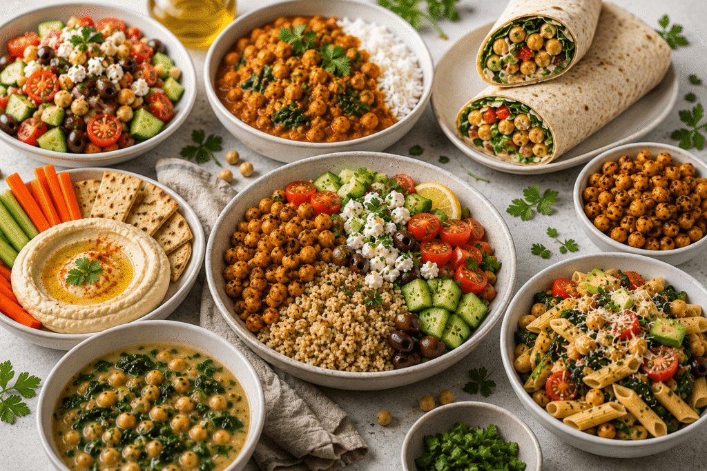 High-protein chickpea meals including a Mediterranean bowl, chickpea curry, wraps, hummus, roasted chickpeas, soup, and chickpea pasta
