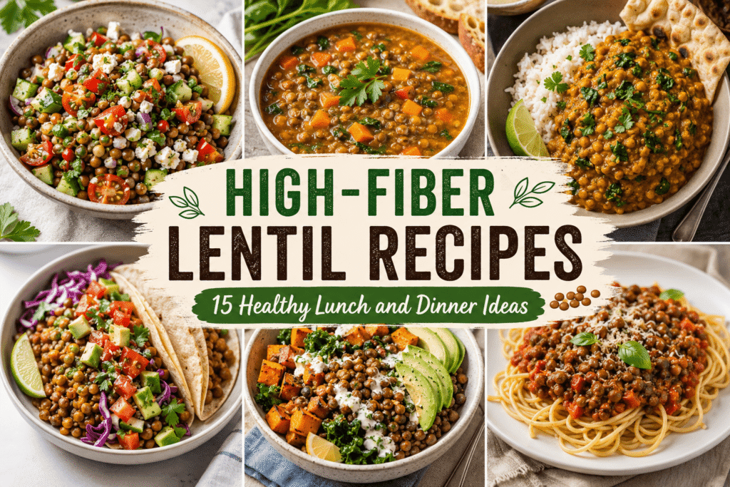 High-fiber lentil recipes with healthy lentil salads, soup, curry, tacos, bowls, and pasta for lunch and dinner.