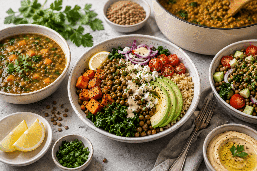 Healthy high-fiber lentil meal bowl with lentils, quinoa, roasted sweet potato, avocado, kale, tomatoes, and feta.