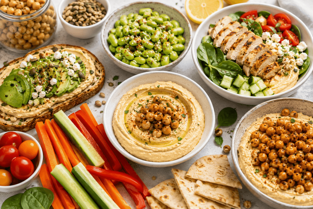 High-protein hummus recipes and snack ideas with hummus bowls, edamame, grilled chicken, avocado toast, roasted chickpeas, fresh vegetables, pita, and seeds.