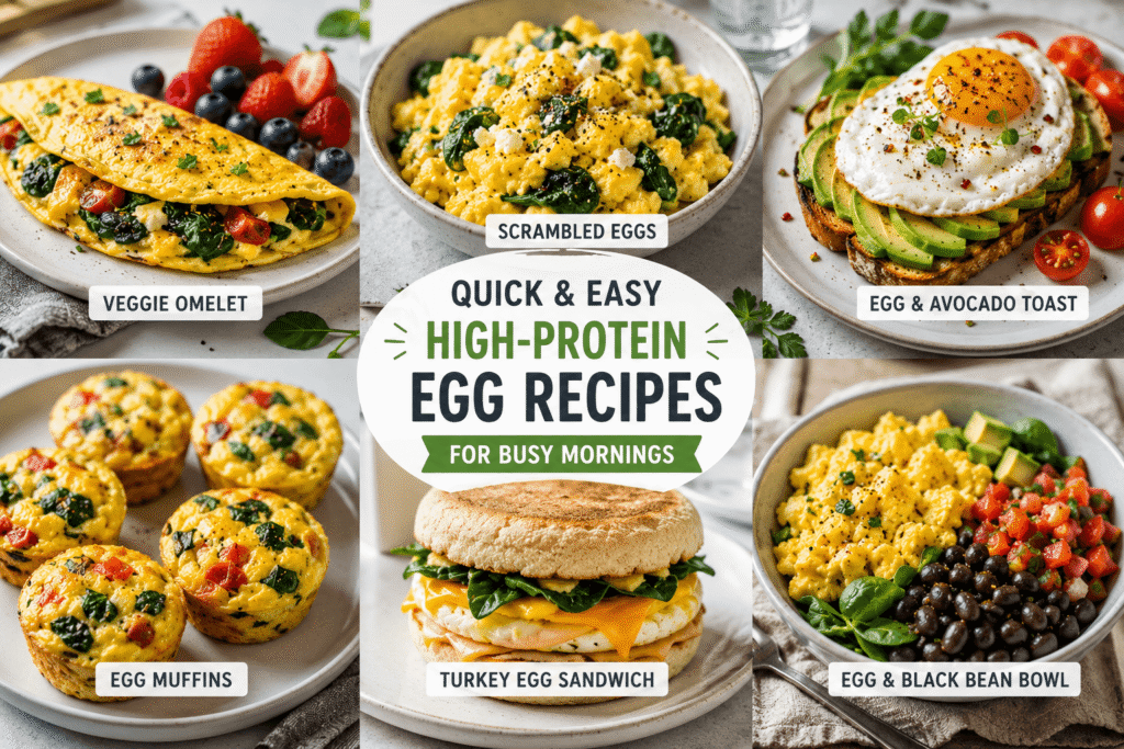 High-protein egg recipes for busy mornings featuring veggie omelet, scrambled eggs, avocado egg toast, egg muffins, turkey egg sandwich, and black bean egg bowl.
