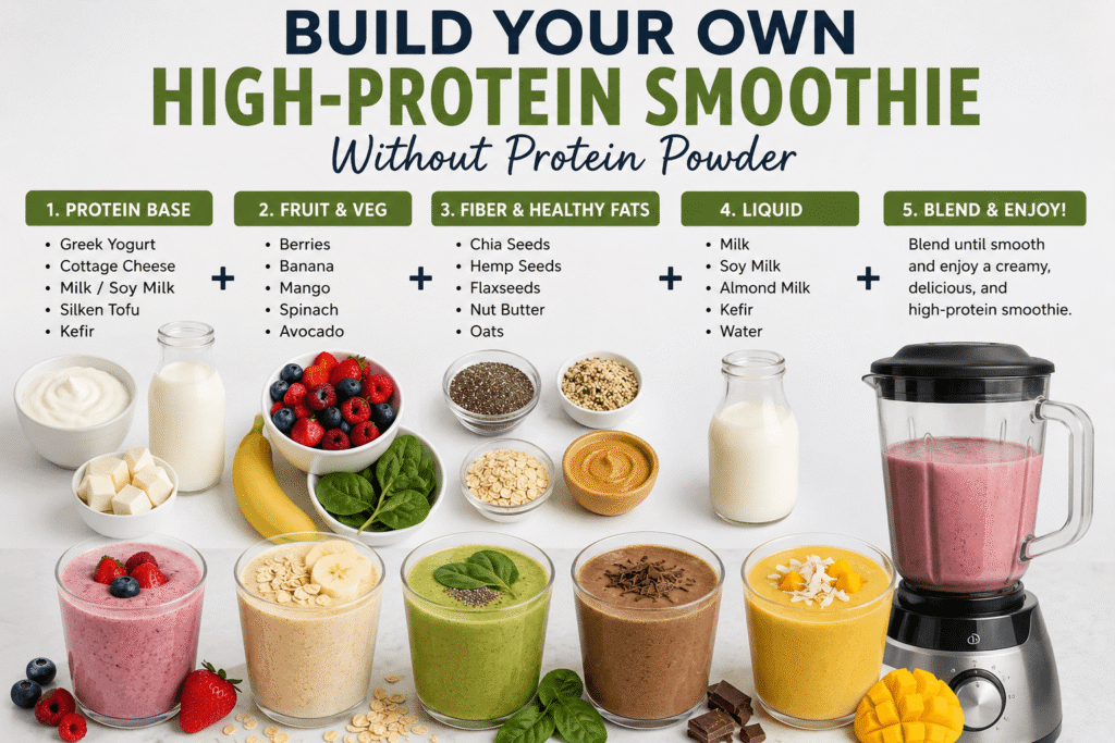 How to build a high-protein smoothie without protein powder using yogurt, fruit, seeds, healthy fats, and milk