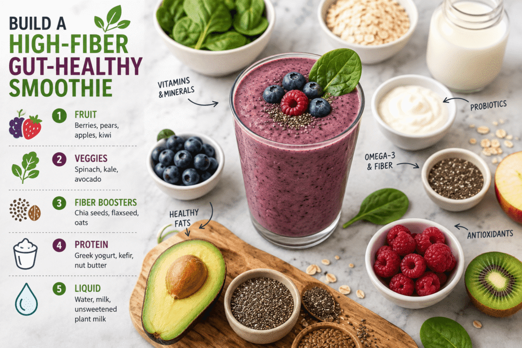 How to build a high-fiber gut-healthy smoothie with berries, spinach, chia seeds, oats, Greek yogurt, and healthy fats.