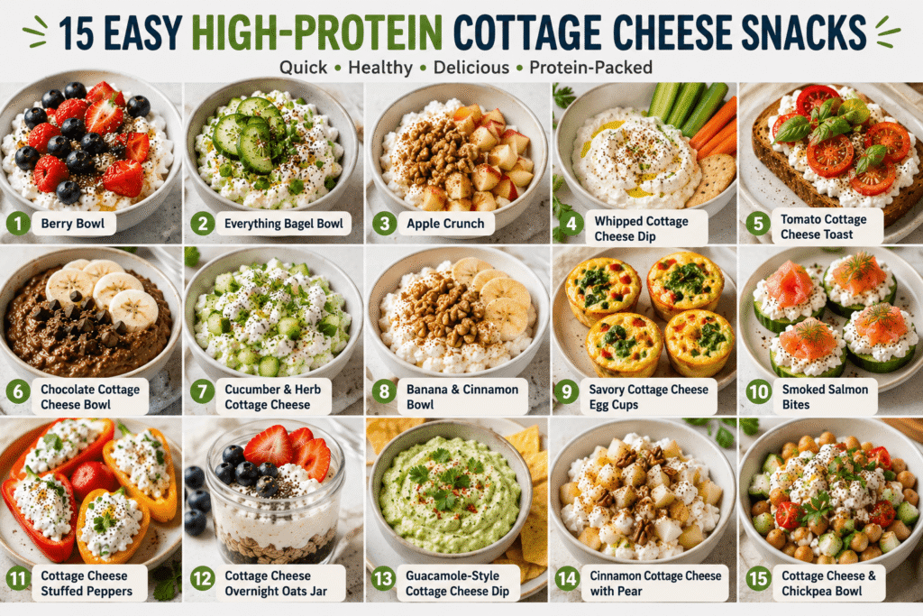 15 easy high-protein cottage cheese snacks including berry bowls, savory dips, toast, egg cups, and chickpea bowls.