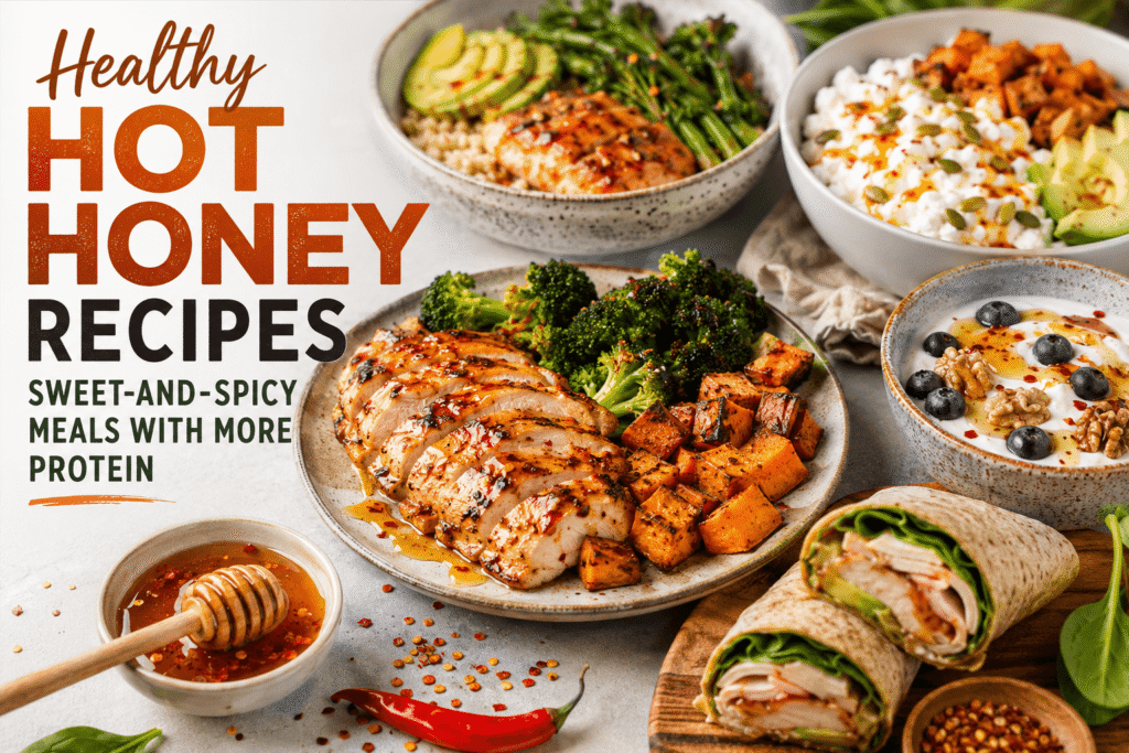 Healthy hot honey recipes featuring high-protein chicken, sweet potatoes, broccoli, cottage cheese, avocado, yogurt, and spicy honey.