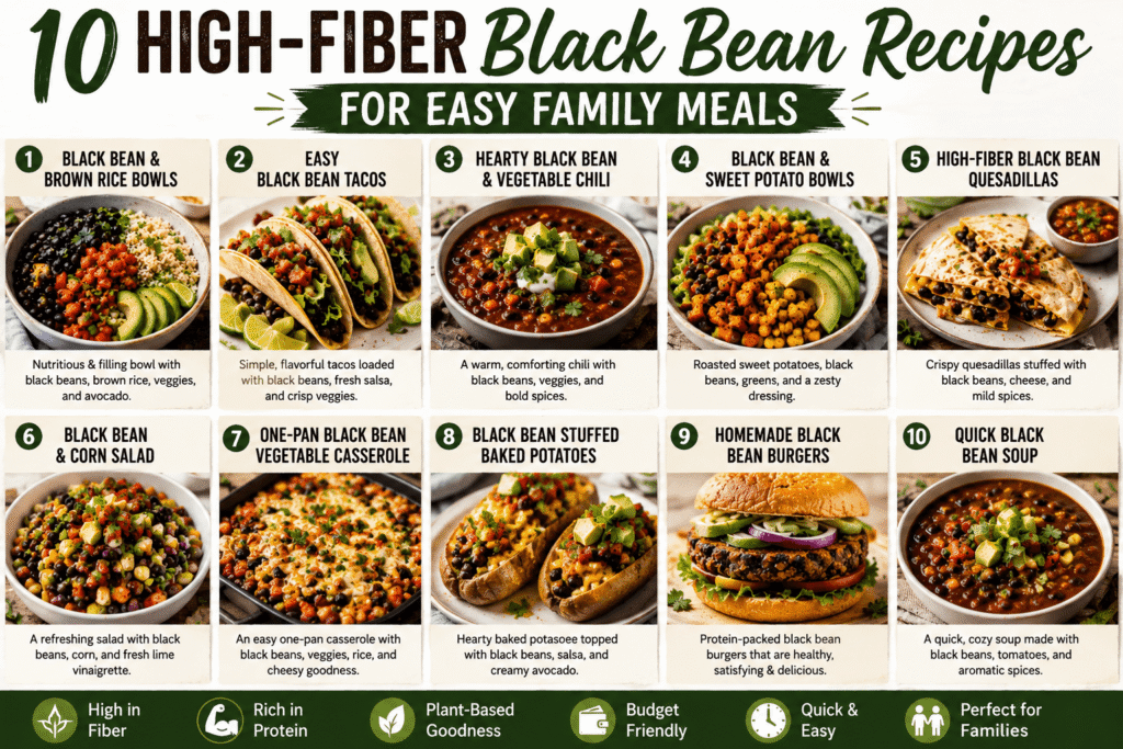 10 high-fiber black bean recipes including brown rice bowls, tacos, chili, sweet potato bowls, quesadillas, salad, casserole, baked potatoes, burgers, and soup.