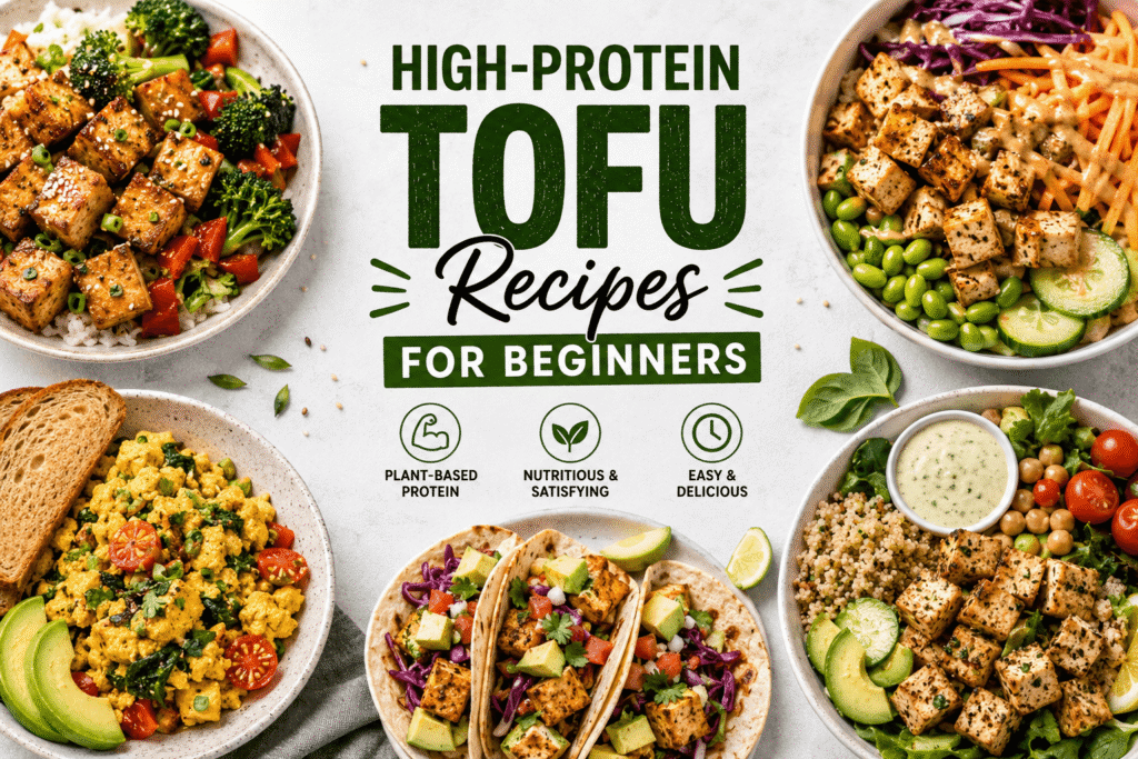 High-protein tofu recipes for beginners featuring crispy tofu bowls, tofu tacos, tofu scramble, and healthy plant-based meals.
