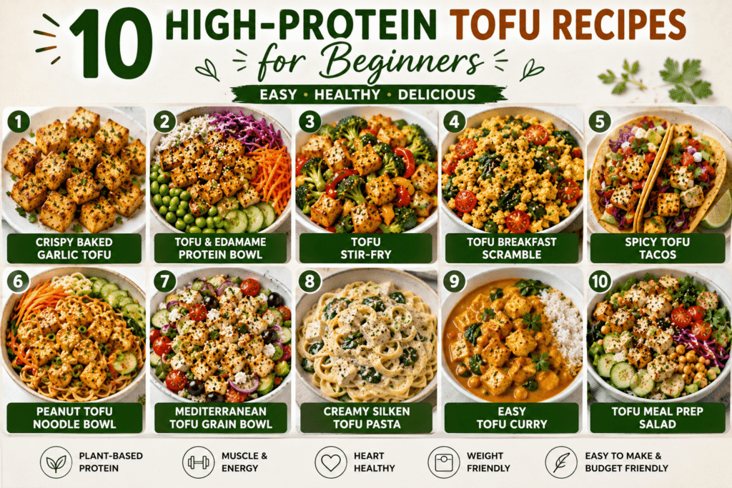 10 high-protein tofu recipes for beginners featuring crispy garlic tofu, protein bowls, stir-fry, breakfast scramble, tacos, noodles, pasta, curry, and meal-prep salad.