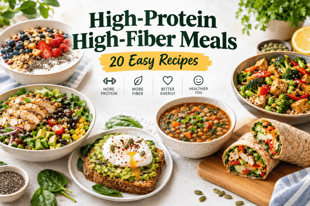 High-protein high-fiber meals with chicken, tofu, lentils, yogurt, vegetables, and avocado.