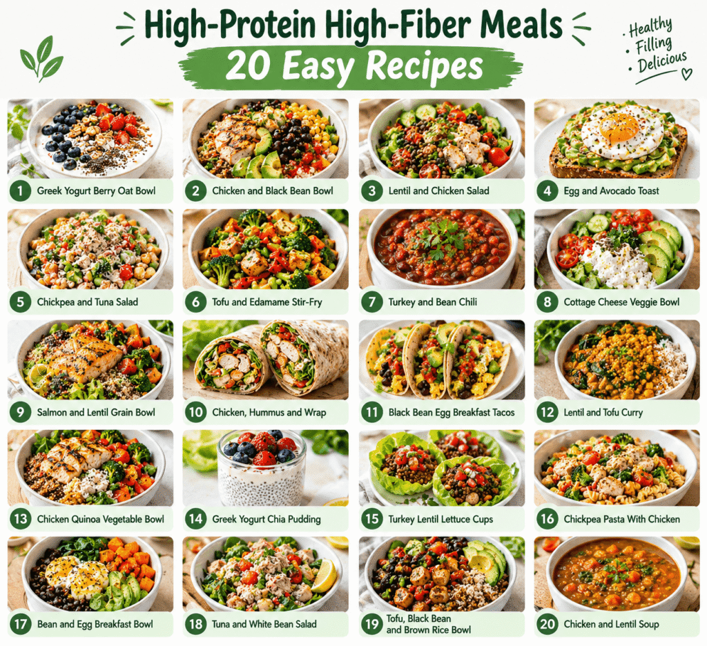 20 high-protein high-fiber meals including chicken bowls, lentil recipes, tofu stir-fry, salads, and healthy breakfast ideas.