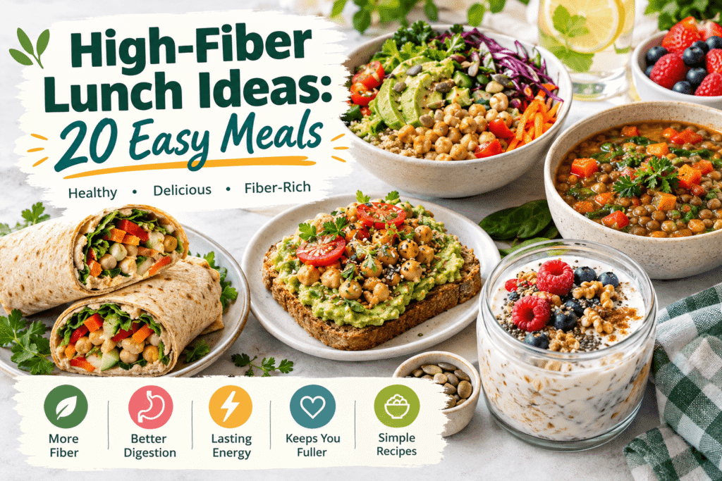 High-fiber lunch ideas with healthy grain bowls, chickpea wraps, avocado toast, lentil soup, and yogurt”