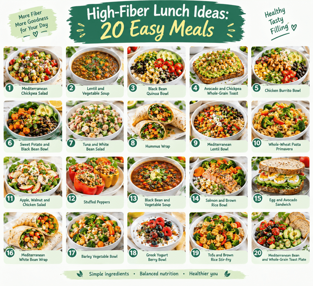20 high-fiber lunch ideas including chickpea salad, lentil soup, quinoa bowls, hummus wraps, bean bowls, and healthy sandwiches”