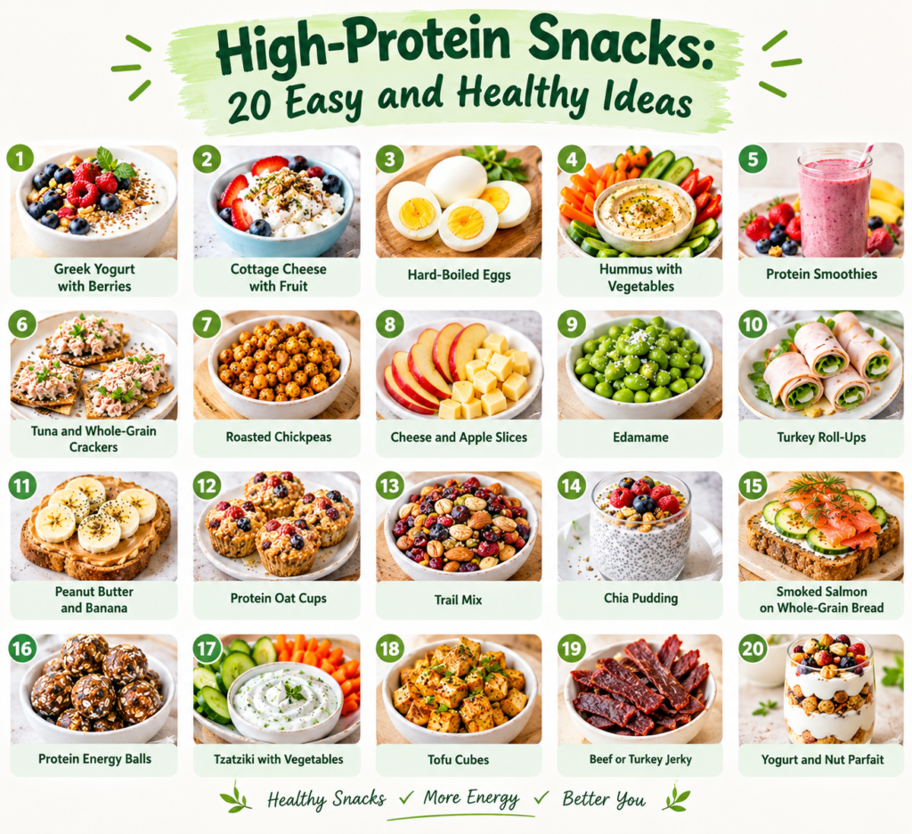 20 high-protein snacks including Greek yogurt, eggs, hummus, chickpeas, edamame, tofu, and healthy snack ideas