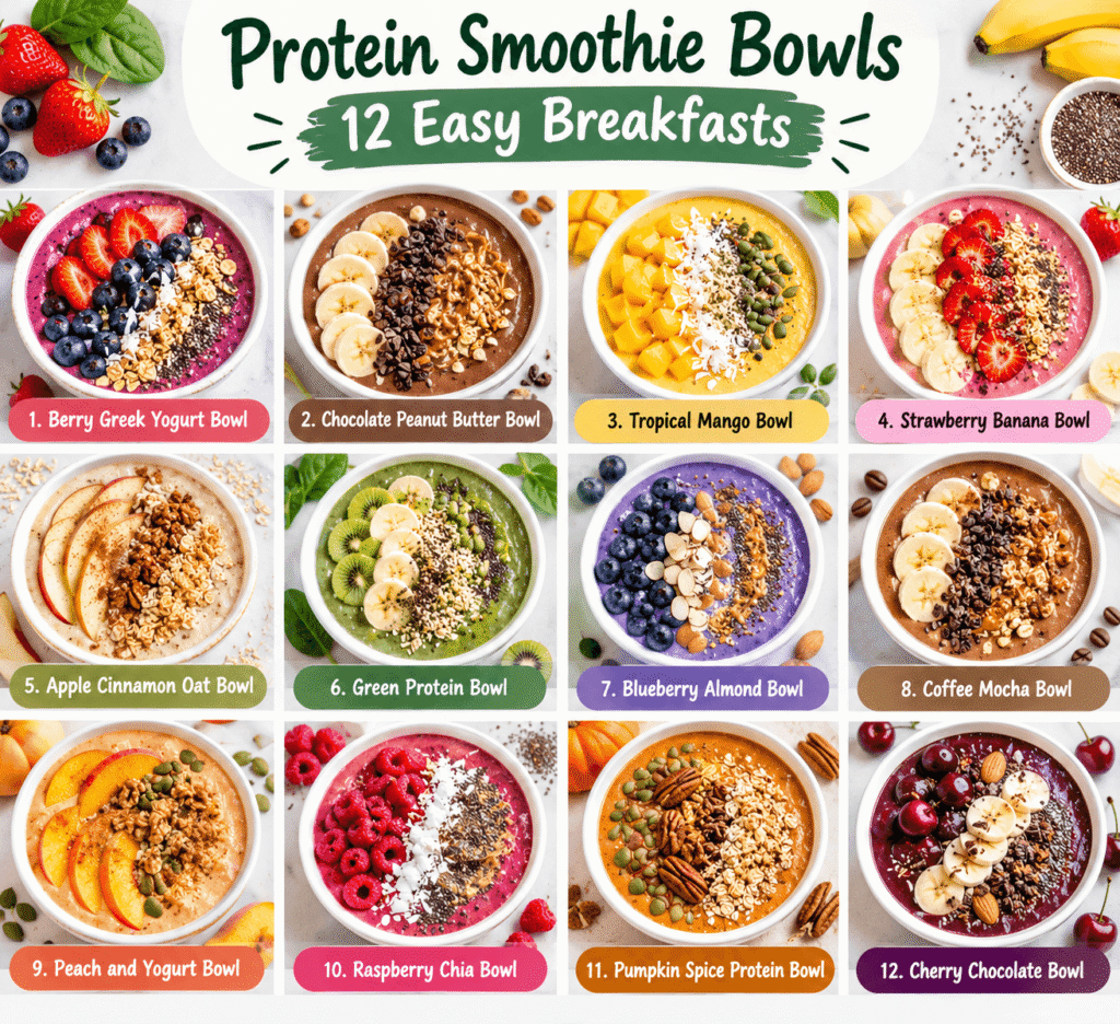 12 protein smoothie bowls including berry, chocolate, mango, green, blueberry, peach, raspberry, pumpkin, and cherry flavors.