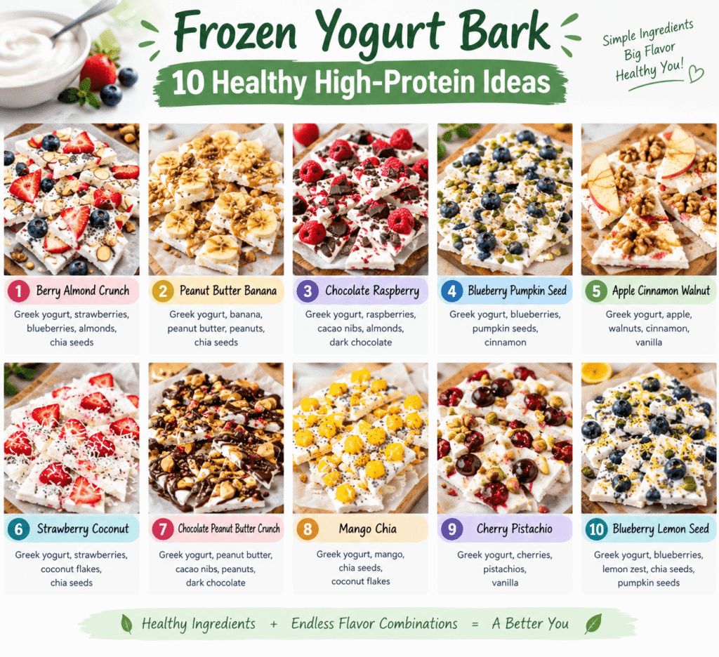 10 healthy frozen yogurt bark ideas with Greek yogurt, fruit, nuts, seeds, and nutritious toppings.