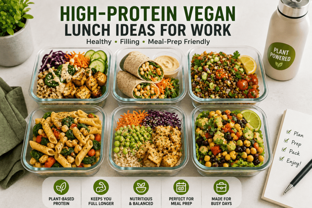 High-protein vegan meal prep lunches with tofu, chickpea wraps, lentil salad, edamame, and vegetables