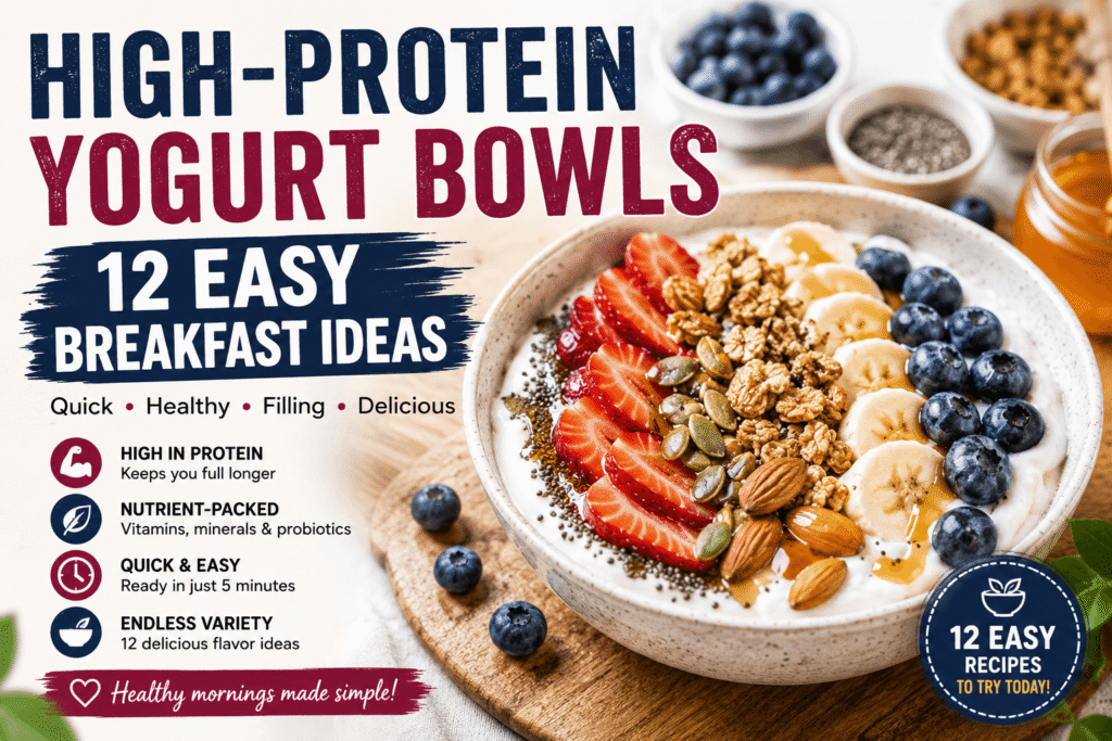 High-protein yogurt bowls with berries, banana, nuts, and seeds for easy breakfast ideas