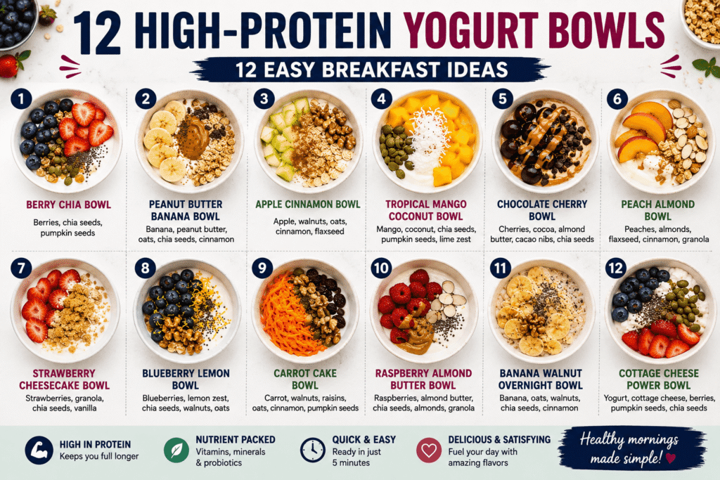 12 high-protein yogurt bowl ideas with berries, banana, mango, nuts, seeds, and healthy toppings