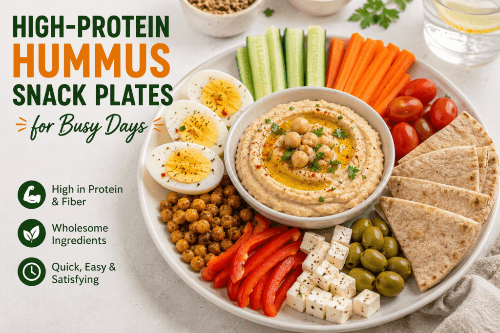 High-protein hummus snack plate with healthy ingredients for busy days.