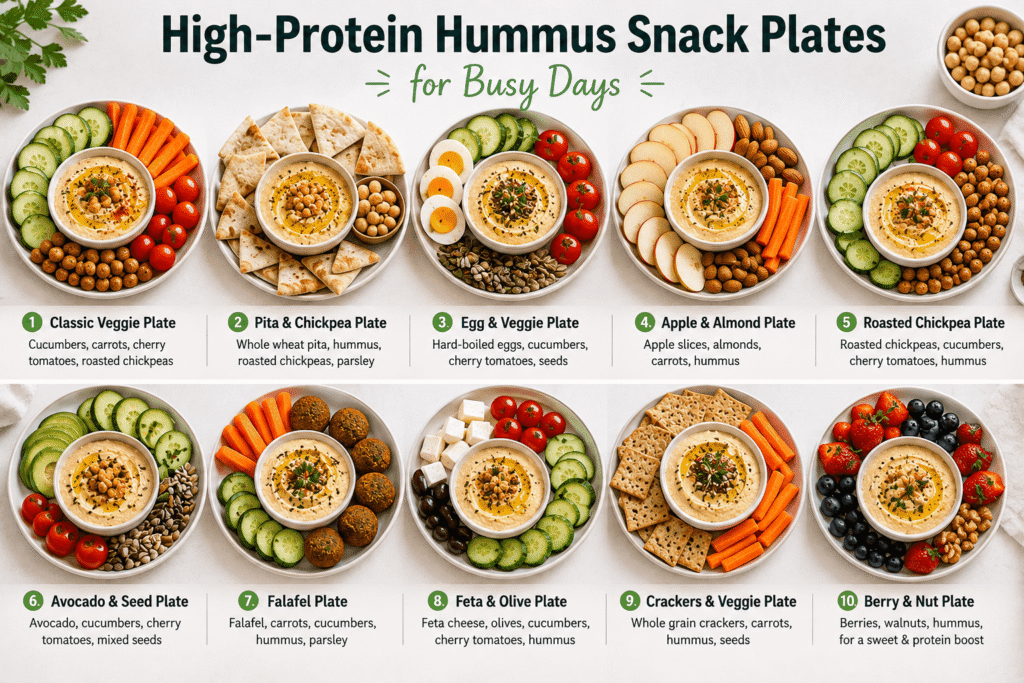 High-protein hummus snack plates featuring 10 healthy combinations of hummus, vegetables, eggs, chickpeas, pita, nuts, seeds, feta, crackers, and berries for busy days.