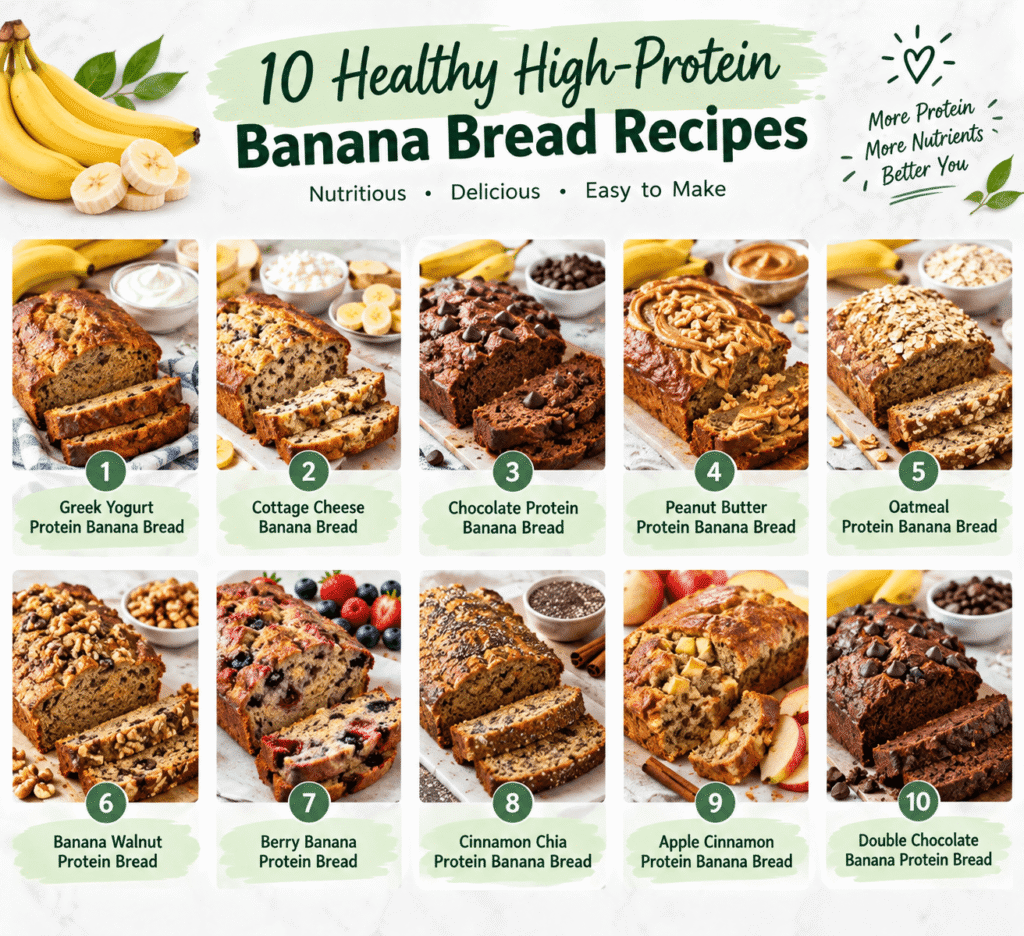 10 healthy high-protein banana bread recipes including Greek yogurt, cottage cheese, chocolate, peanut butter, oatmeal, berry, chia, apple cinnamon, and walnut varieties.