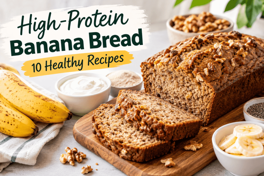 High-protein banana bread with walnuts, bananas, Greek yogurt, and healthy ingredients.