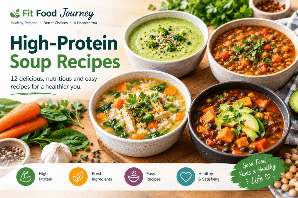 High-protein soup recipes with chicken vegetable soup, lentil soup, creamy broccoli soup, and black bean soup.