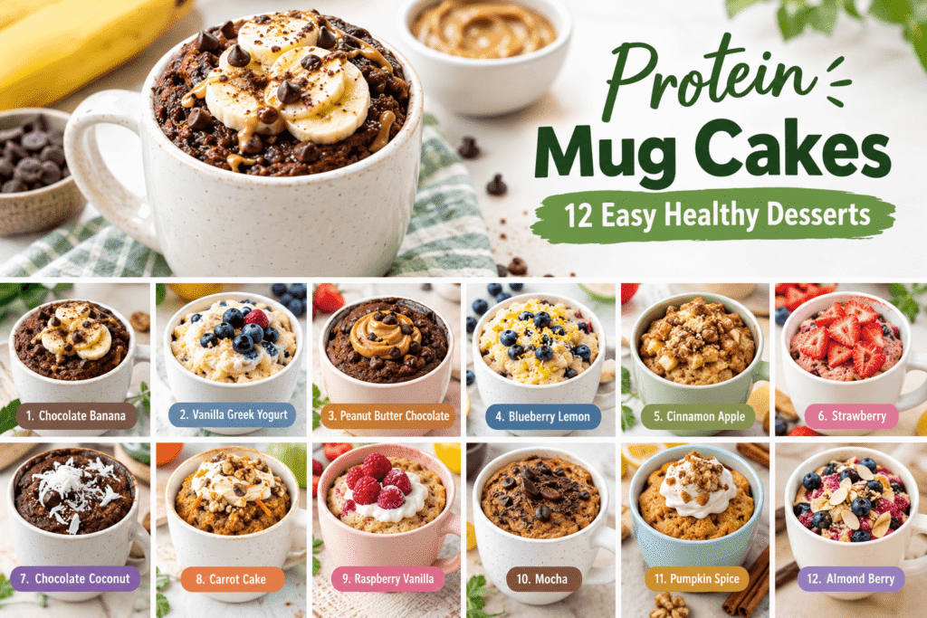 12 protein mug cake flavors including chocolate, vanilla, berry, apple, pumpkin, and coconut desserts.